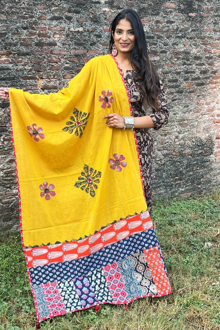 Mustard Applique Patch Work Cotton Ajrakh Dupatta