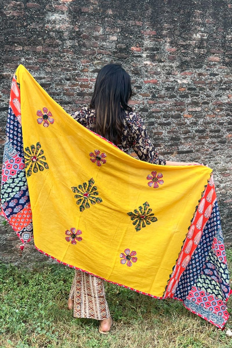 Mustard Applique Patch Work Cotton Ajrakh Dupatta