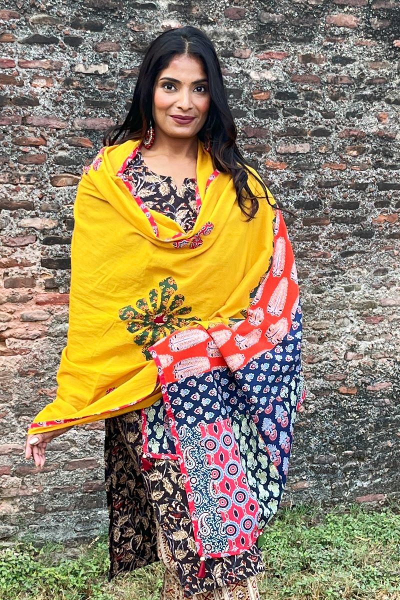 Mustard Applique Patch Work Cotton Ajrakh Dupatta