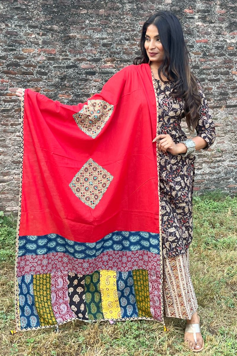 Red Applique Patch Work Cotton Ajrakh Dupatta