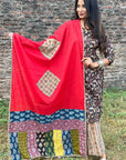 Red Applique Patch Work Cotton Ajrakh Dupatta