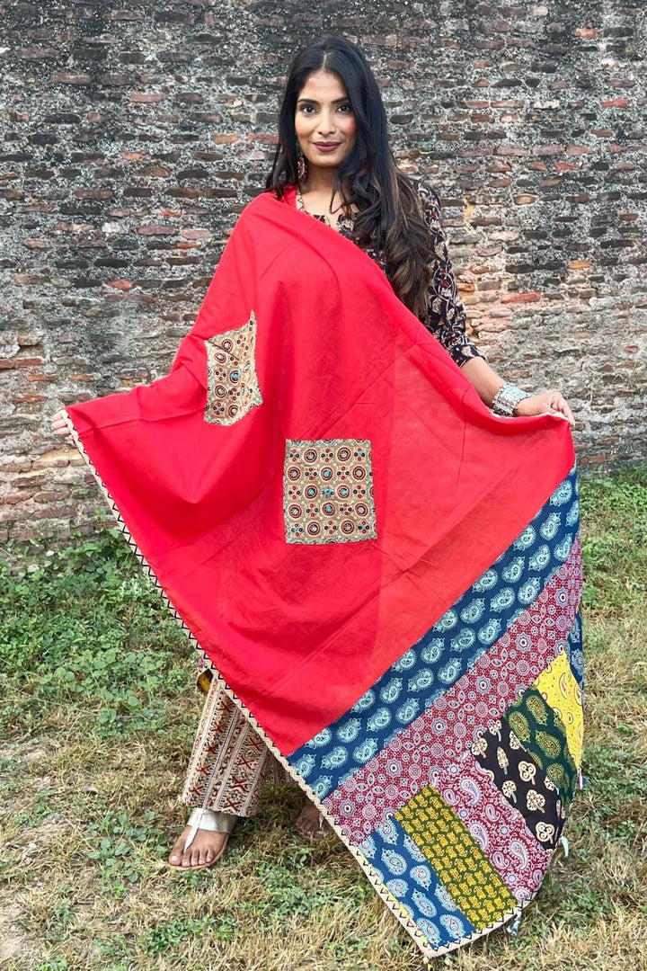 Red Applique Patch Work Cotton Ajrakh Dupatta