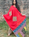 Red Applique Patch Work Cotton Ajrakh Dupatta