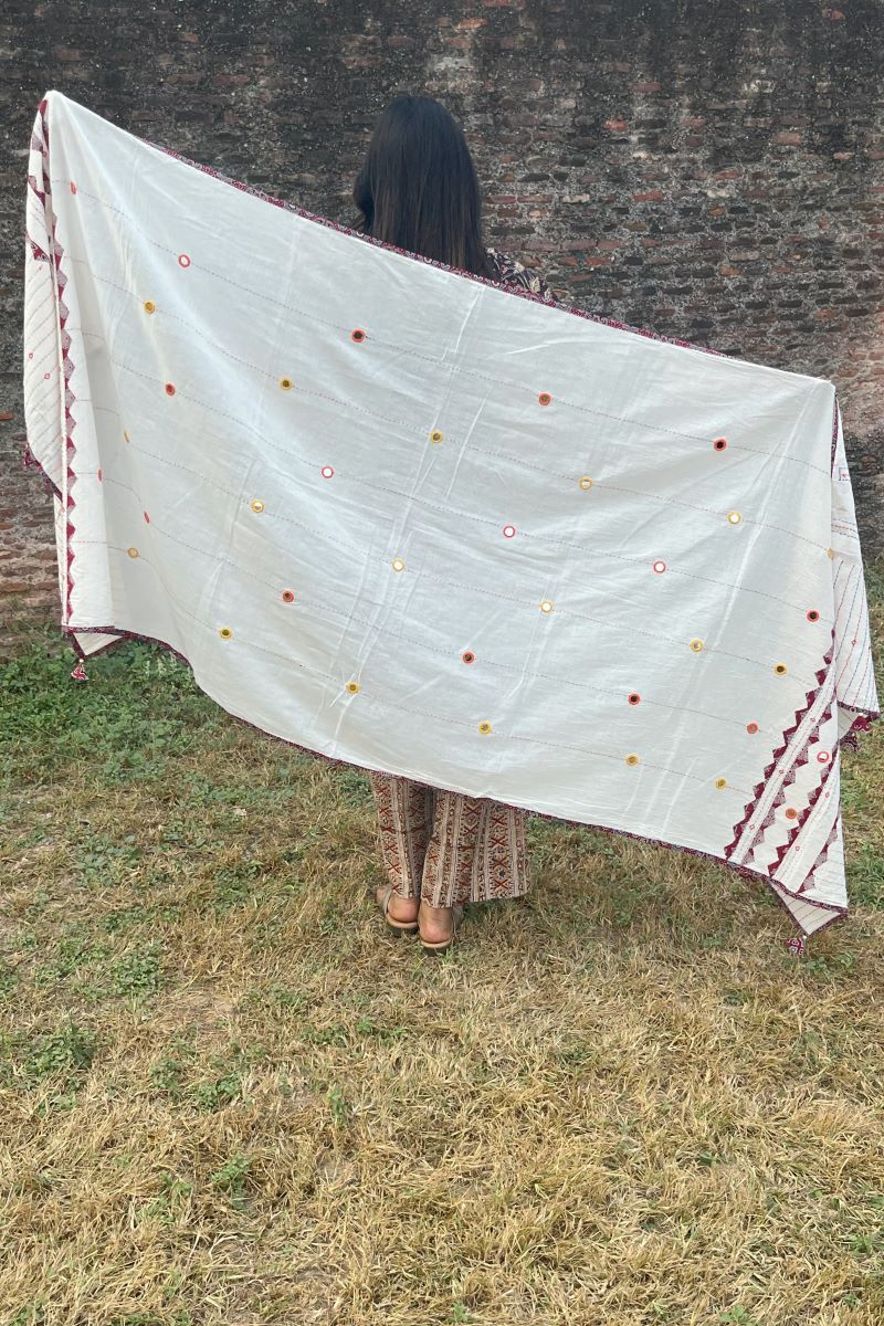 White Kantha Cotton Ajrakh Dupatta