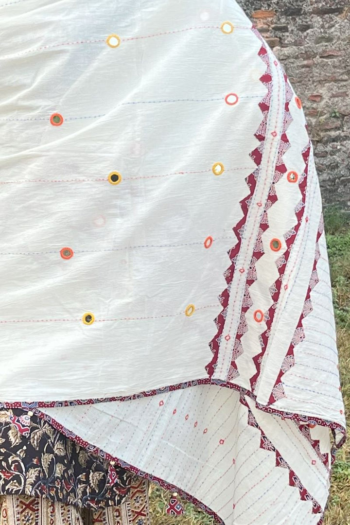 White Kantha Cotton Ajrakh Dupatta