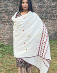 Red Bound White Kantha Applique Cotton Ajrakh Dupatta