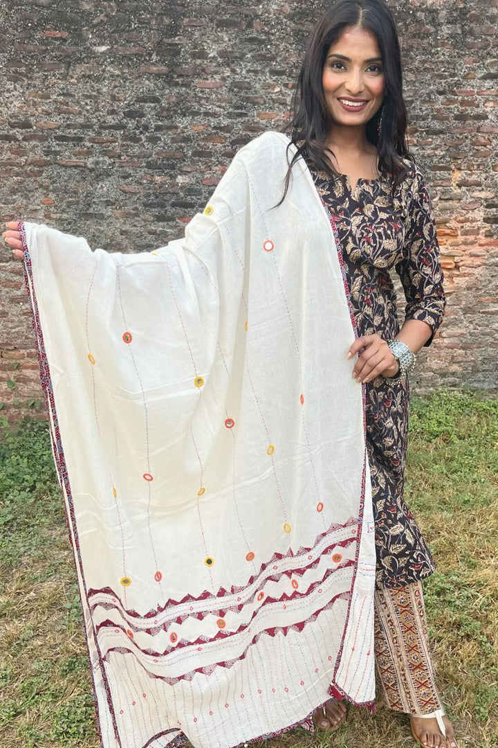 White Kantha Applique Cotton Ajrakh Dupatta