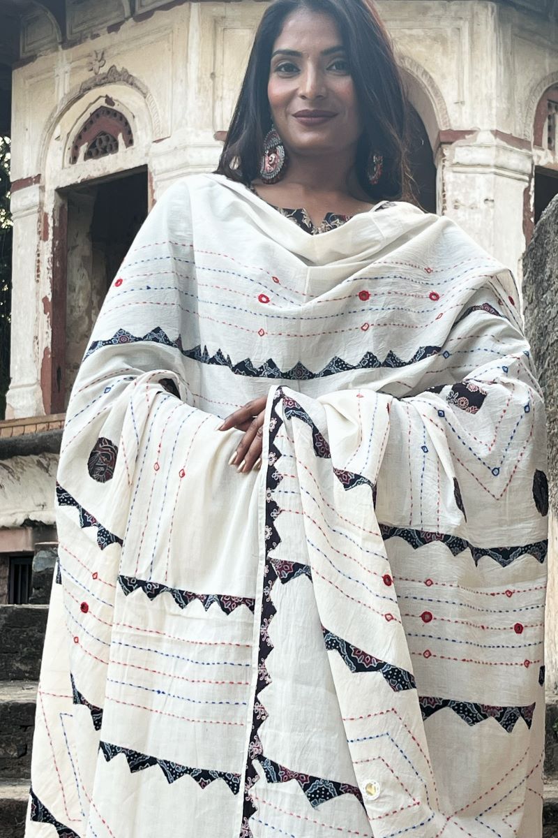 White Ajrakh Applique Kantha Hand Embroidered Dupatta 