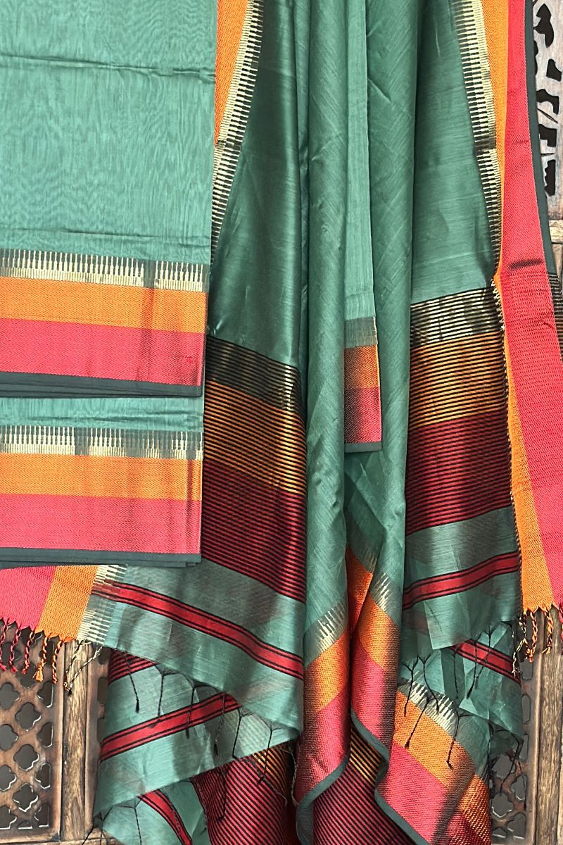 Pastel Green Resham Border Unstitched Cotton Silk Maheshwari Suit (2 Pcs)