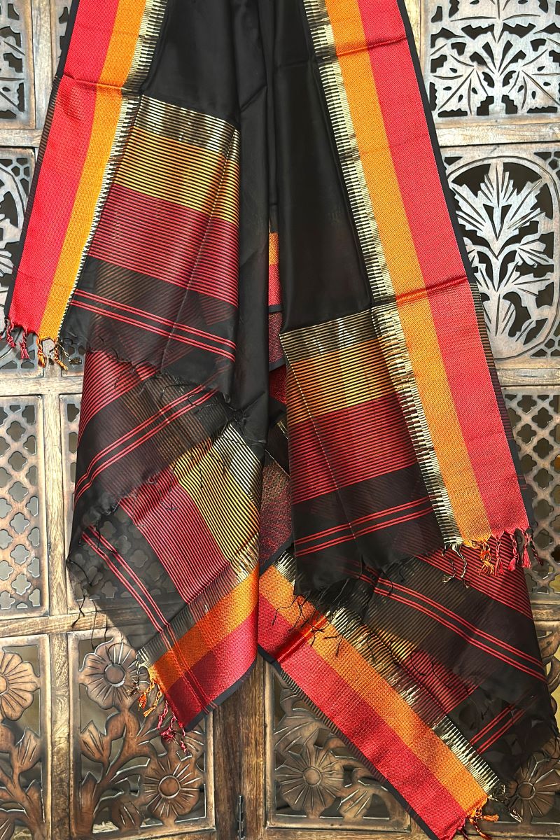 Black Dorang Resham Border Unstitched Cotton Silk Maheshwari Suit (2 Pcs)