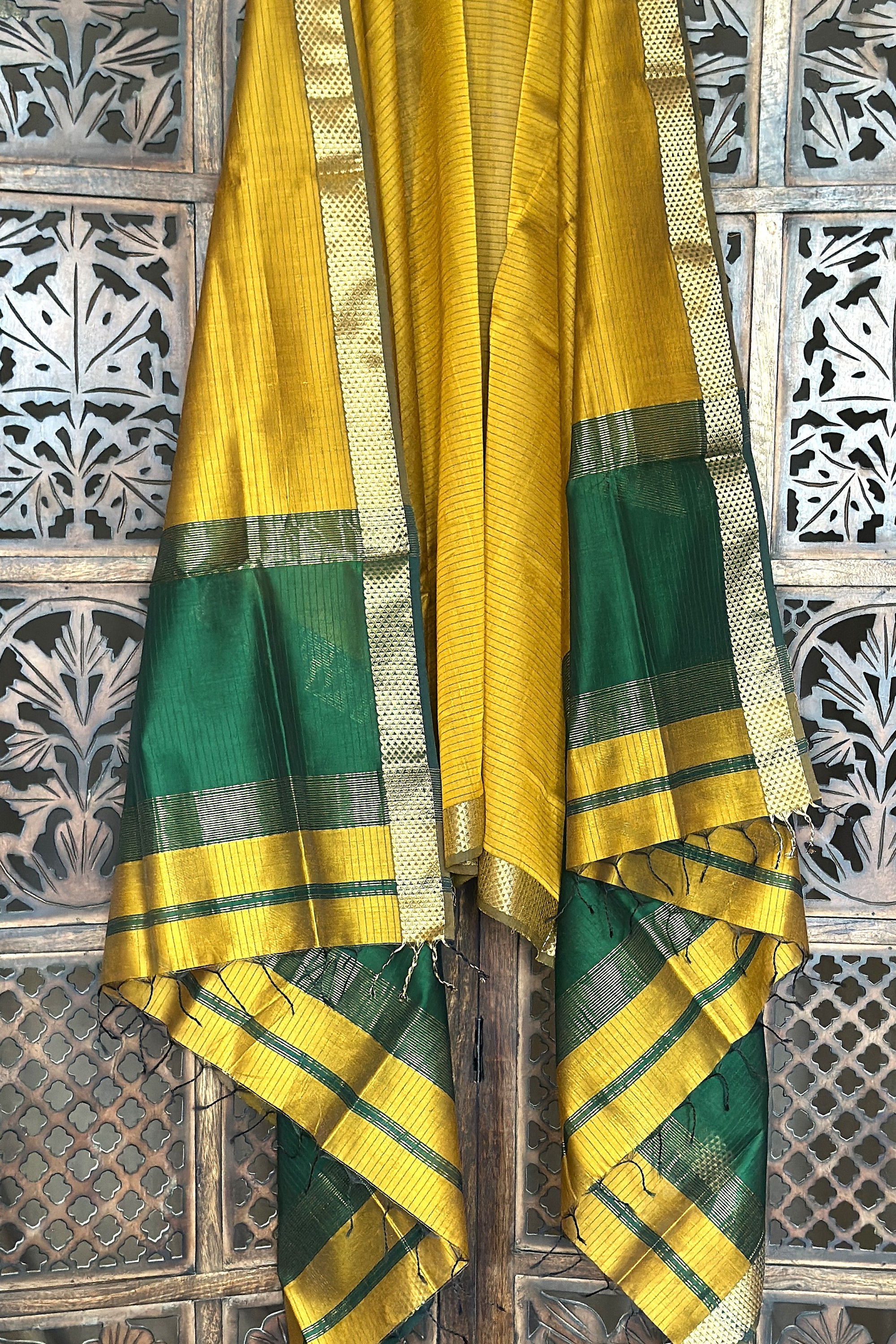 Mustard Green Unstitched Cotton Silk Maheshwari Suit (3 Pcs)
