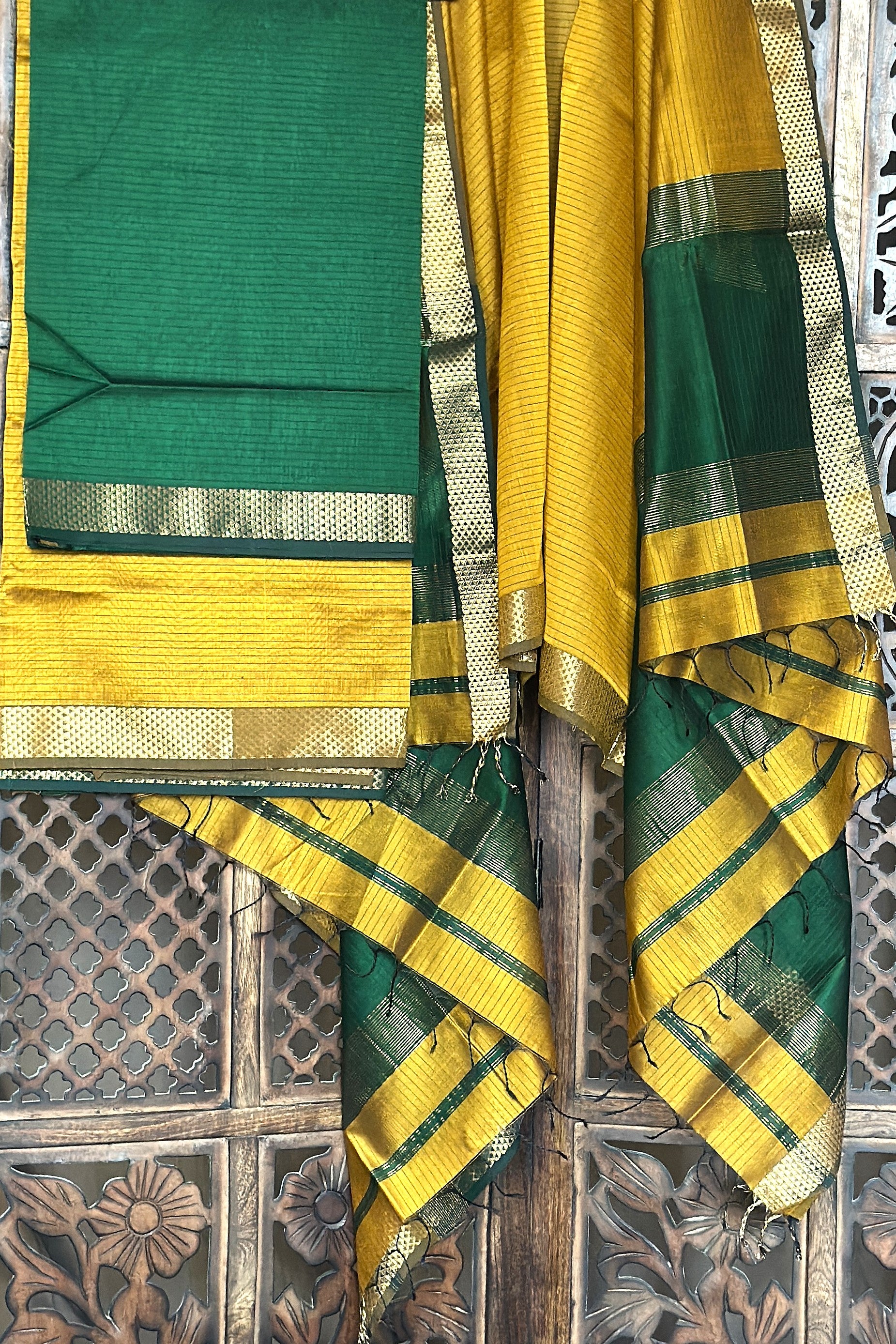 Mustard Green Unstitched Cotton Silk Maheshwari Suit (3 Pcs)