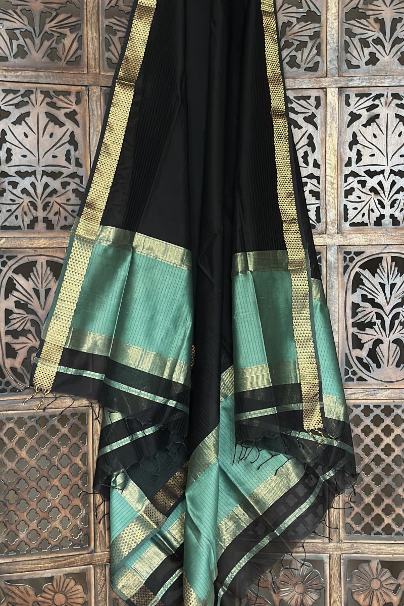 Pastel Green Black Unstitched Cotton Silk Maheshwari Suit (3 Pcs)