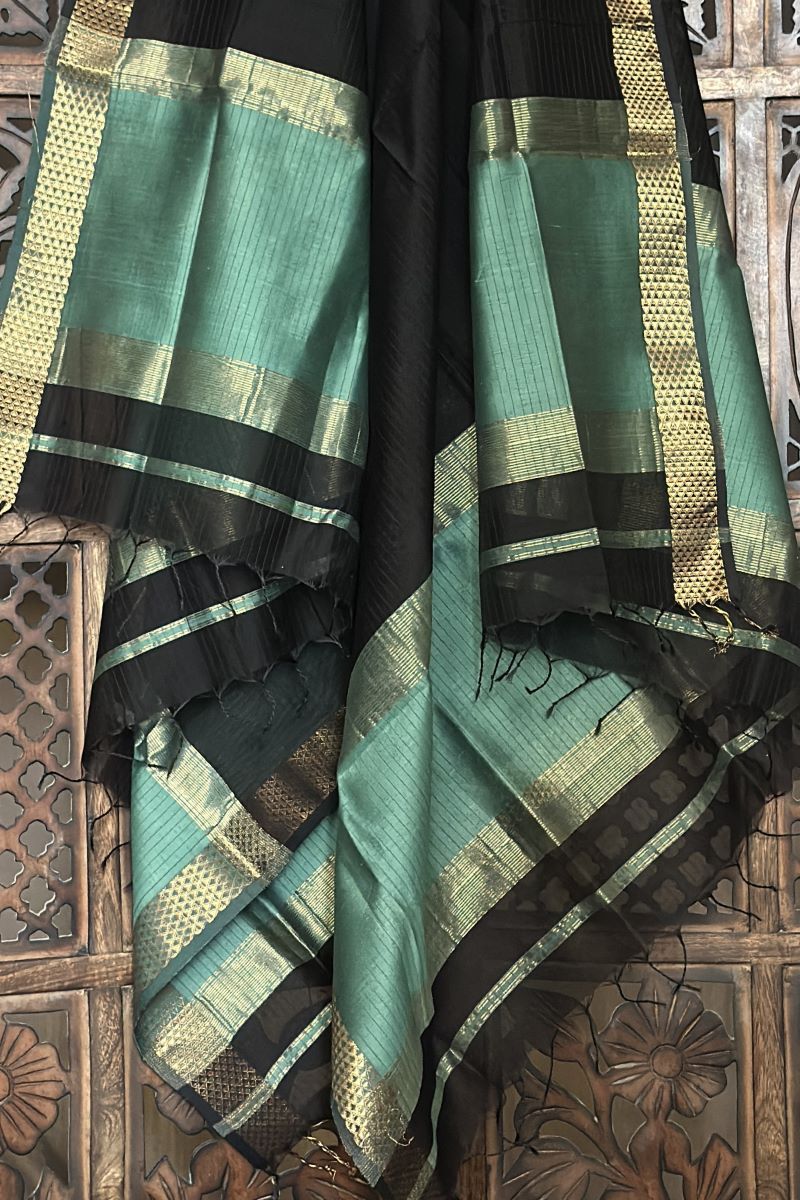 Pastel Green Black Unstitched Cotton Silk Maheshwari Suit (3 Pcs)