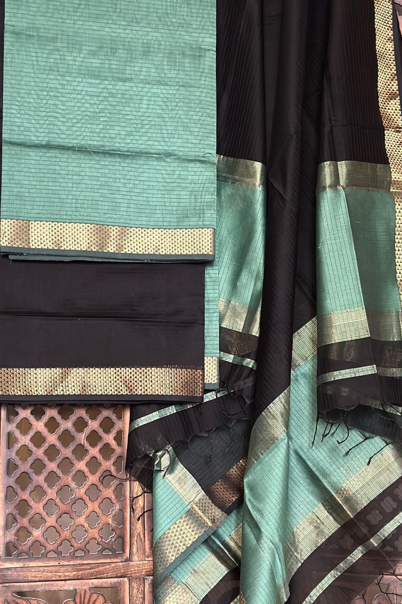 Pastel Green Black Unstitched Cotton Silk Maheshwari Suit (3 Pcs)