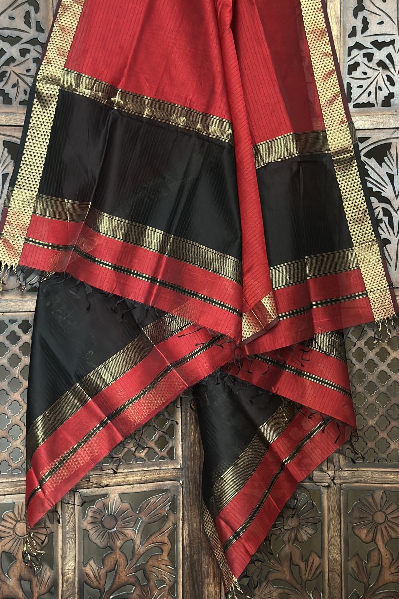 Maroon Black Unstitched Cotton Silk Maheshwari Suit (3 Pcs)