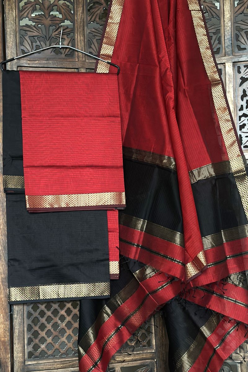 Maroon Black Unstitched Cotton Silk Maheshwari Suit (3 Pcs)