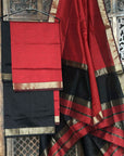 Maroon Black Unstitched Cotton Silk Maheshwari Suit (3 Pcs)