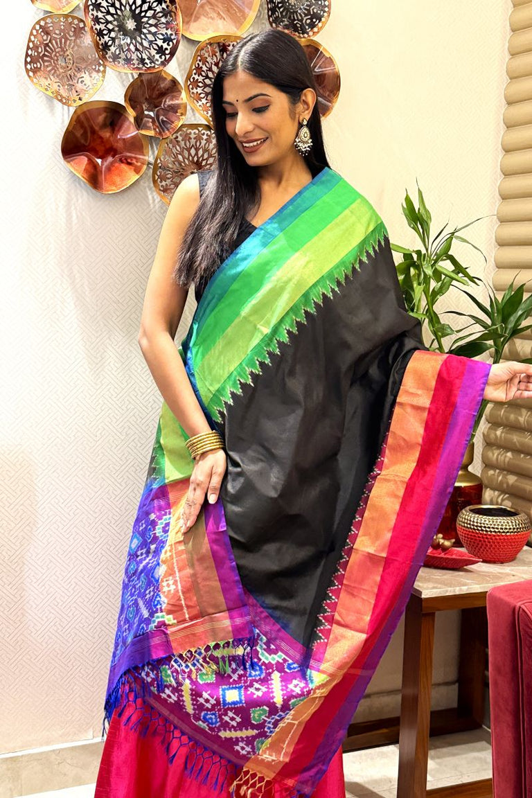 Buy Black Bliss Pure Silk Ikat Handwoven Dupatta - House Of Elegance ...