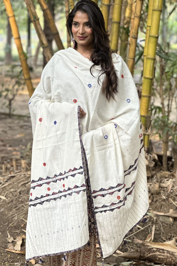 White Kantha Applique Cotton Ajrakh Dupatta