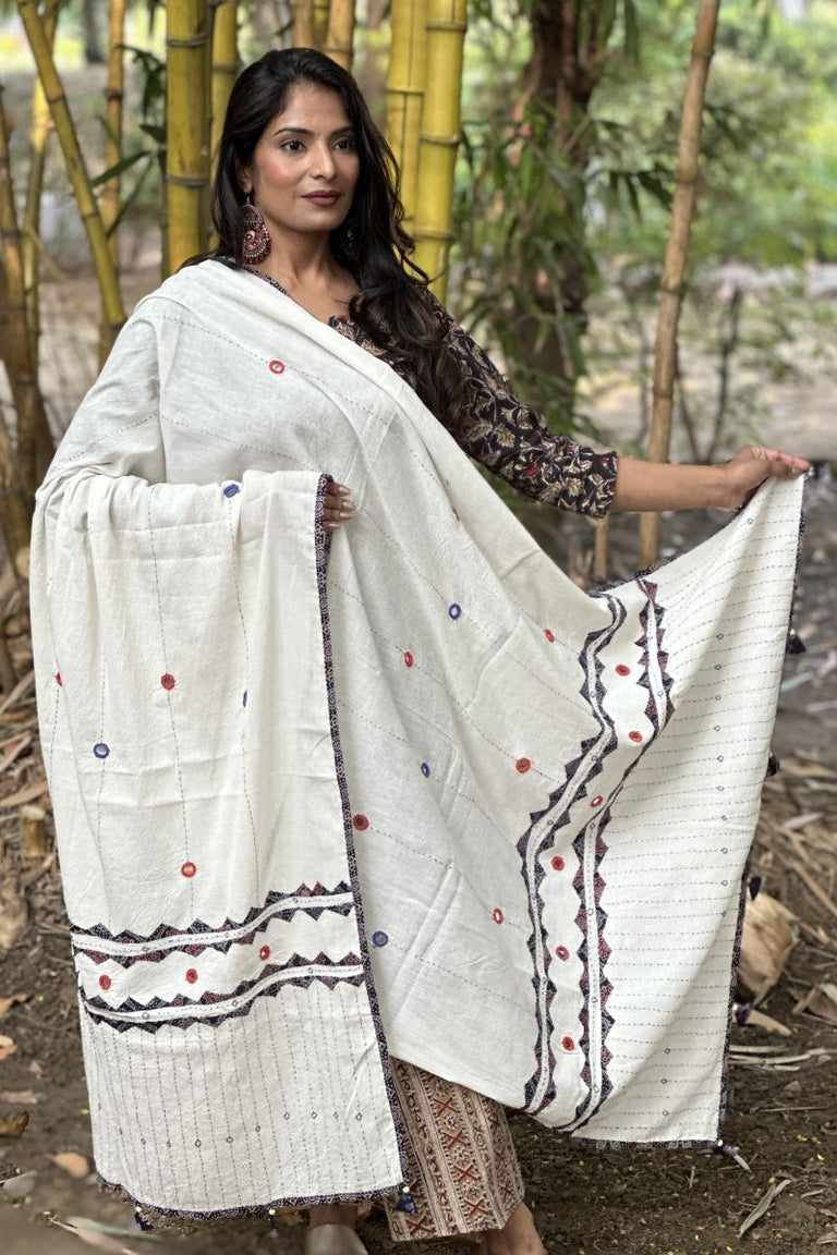 Ajrakh Applique & Kantha Embroidered Dupatta ~ Raven Black & Yellow