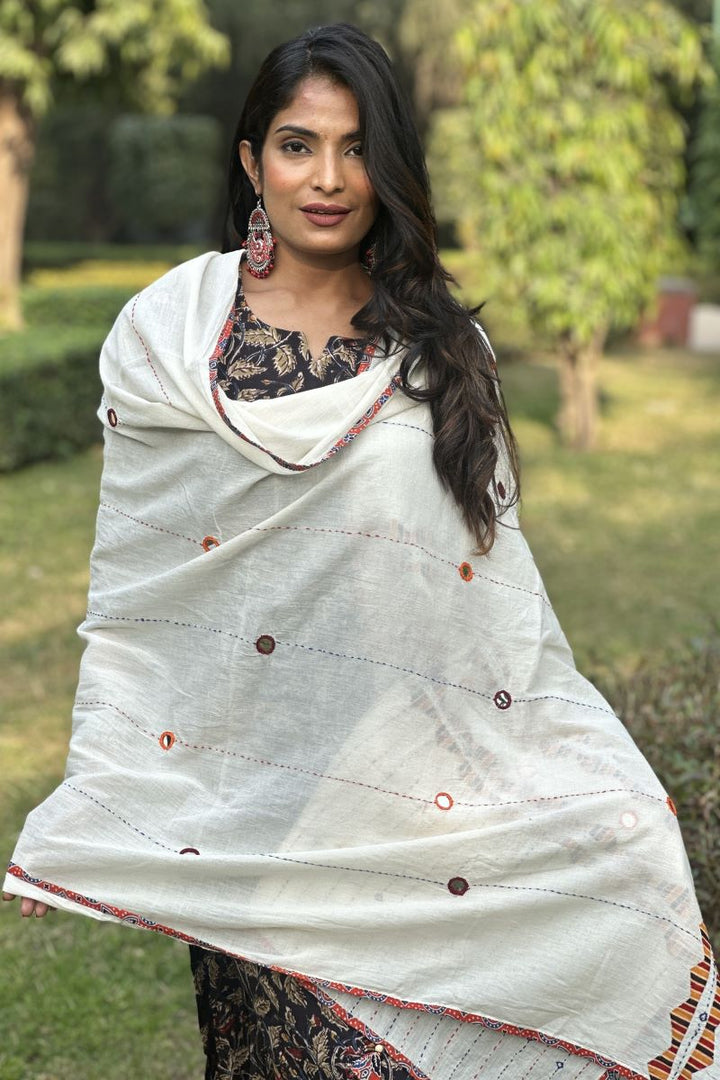 White Applique Cotton Ajrakh Dupatta