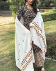 White Kantha Applique Cotton Ajrakh Dupatta