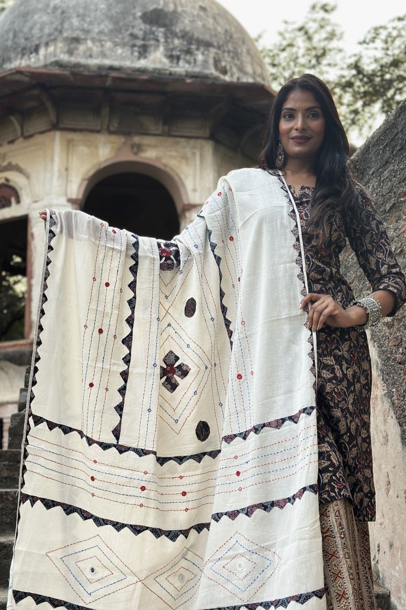 White Ajrakh Applique Hand Embroidered Dupatta