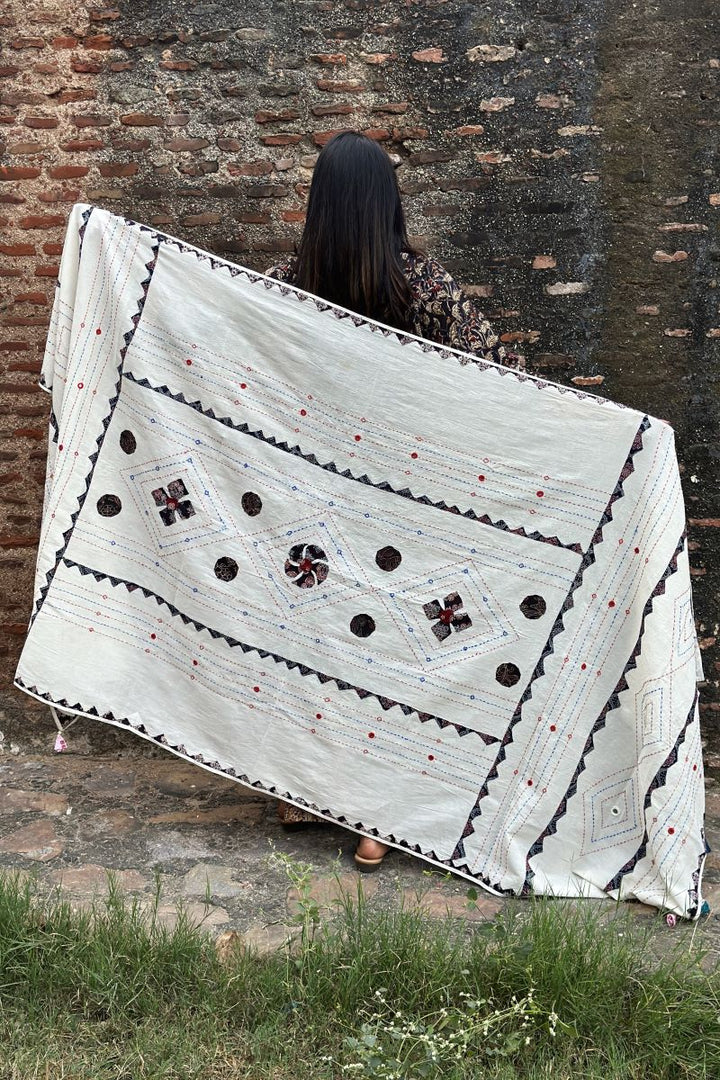 Ajrakh Applique Kantha Hand Embroidered Dupatta 