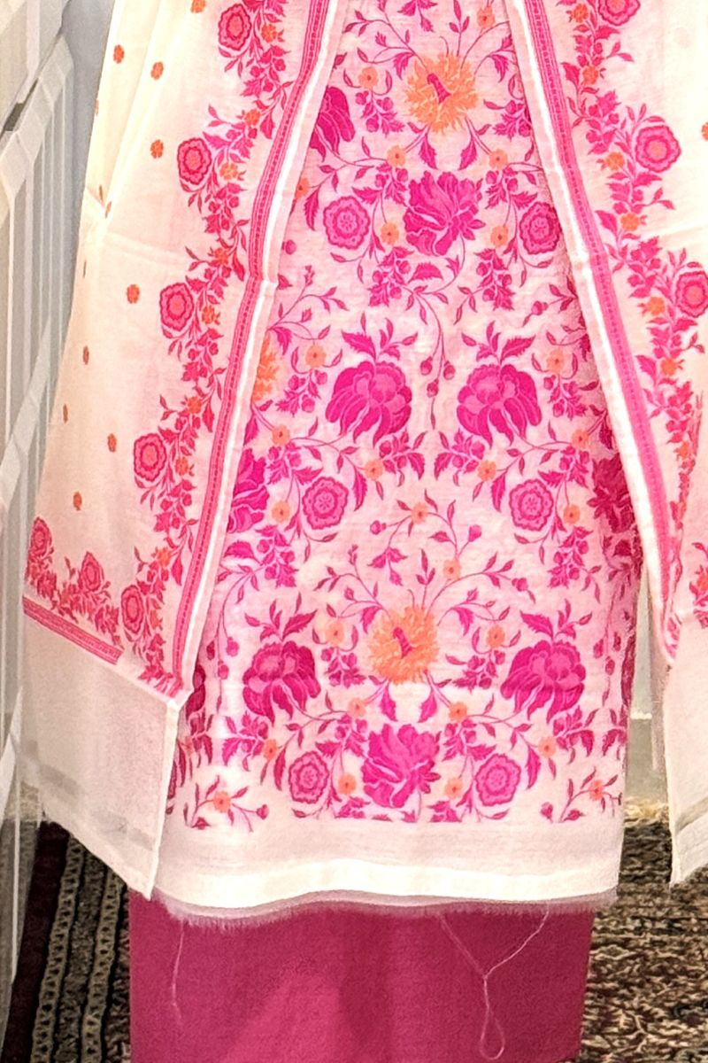 Magenta on Ivory Unstitched Cotton Silk Banarasi Suit (3 Pcs)
