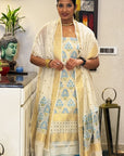 Golden Blue on Ivory Unstitched Cotton Silk Banarasi Suit (3 Pcs)
