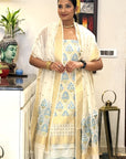 Golden Blue on Ivory Unstitched Cotton Silk Banarasi Suit (3 Pcs)