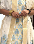 Golden Blue on Ivory Unstitched Cotton Silk Banarasi Suit (3 Pcs)