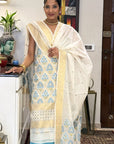 Golden Blue on Ivory Unstitched Cotton Silk Banarasi Suit (3 Pcs)