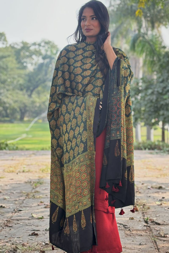 Green Kamal Buta Modal Silk Ajrakh Dupatta