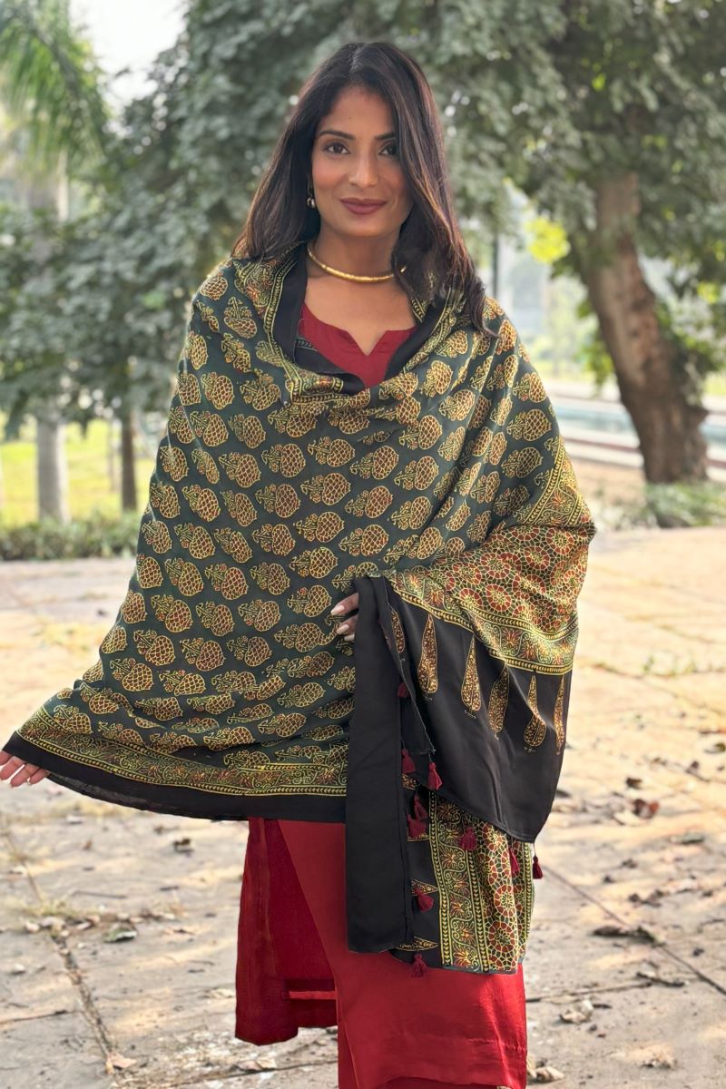 Green Kamal Buta Modal Silk Ajrakh Dupatta