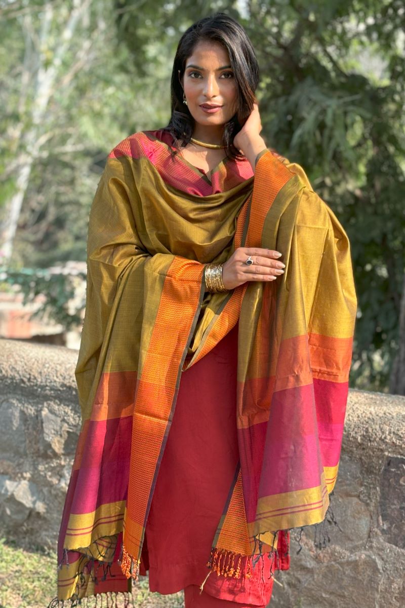 Mustard Cotton Silk Maheshwari Dupatta