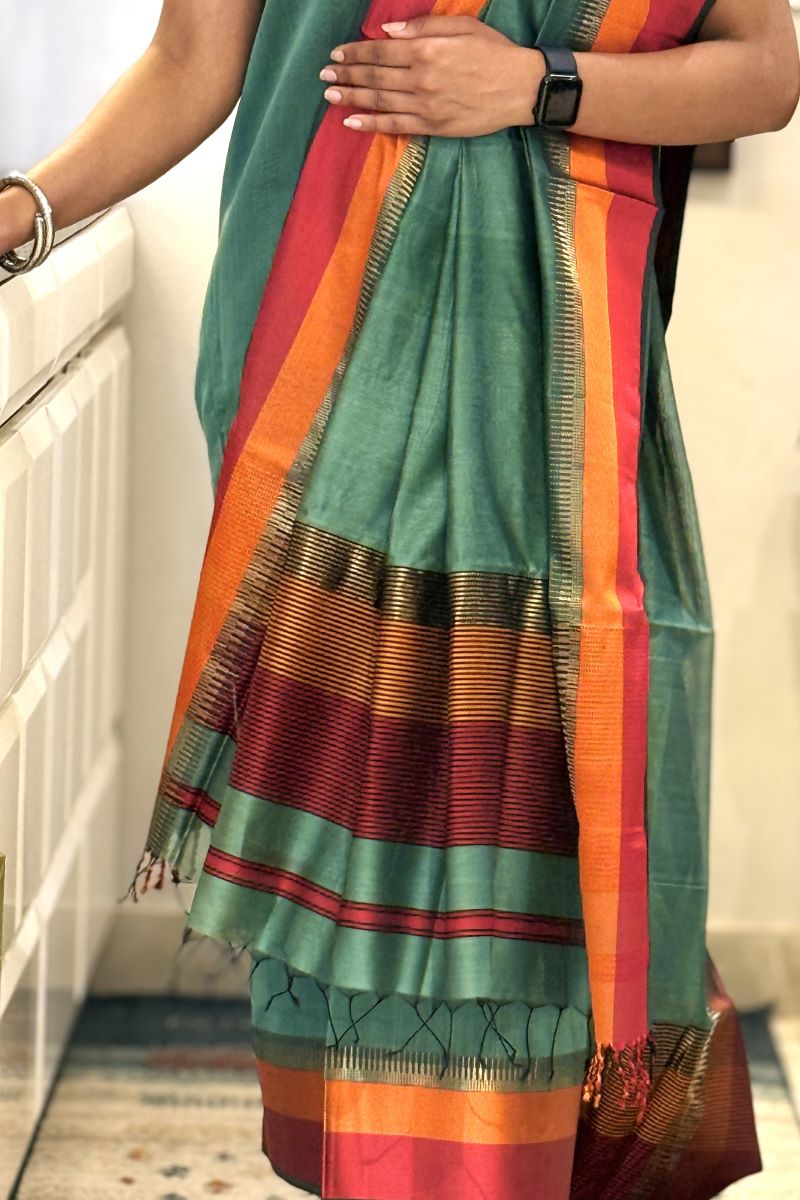 Pastel Green Resham Border Unstitched Cotton Silk Maheshwari Suit (2 Pcs)