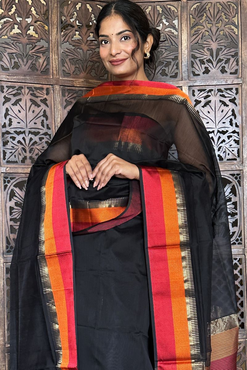 Black Dorang Resham Border Unstitched Cotton Silk Maheshwari Suit (2 Pcs)