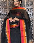 Black Dorang Resham Border Unstitched Cotton Silk Maheshwari Suit (2 Pcs)