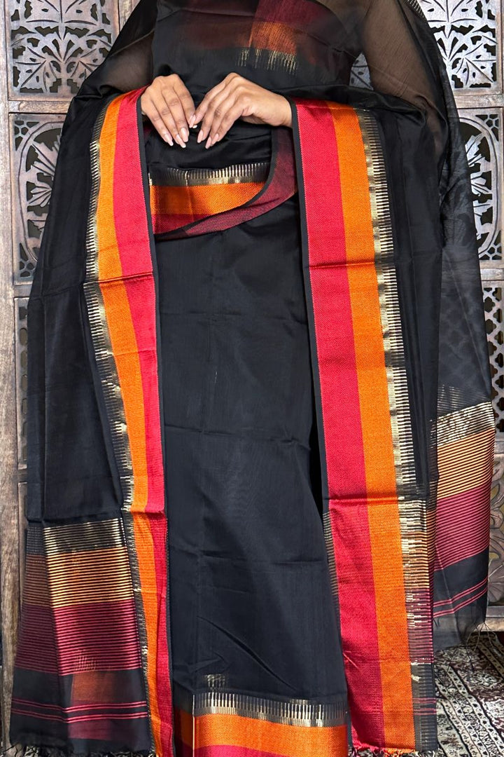 Black Dorang Resham Border Unstitched Cotton Silk Maheshwari Suit (2 Pcs)