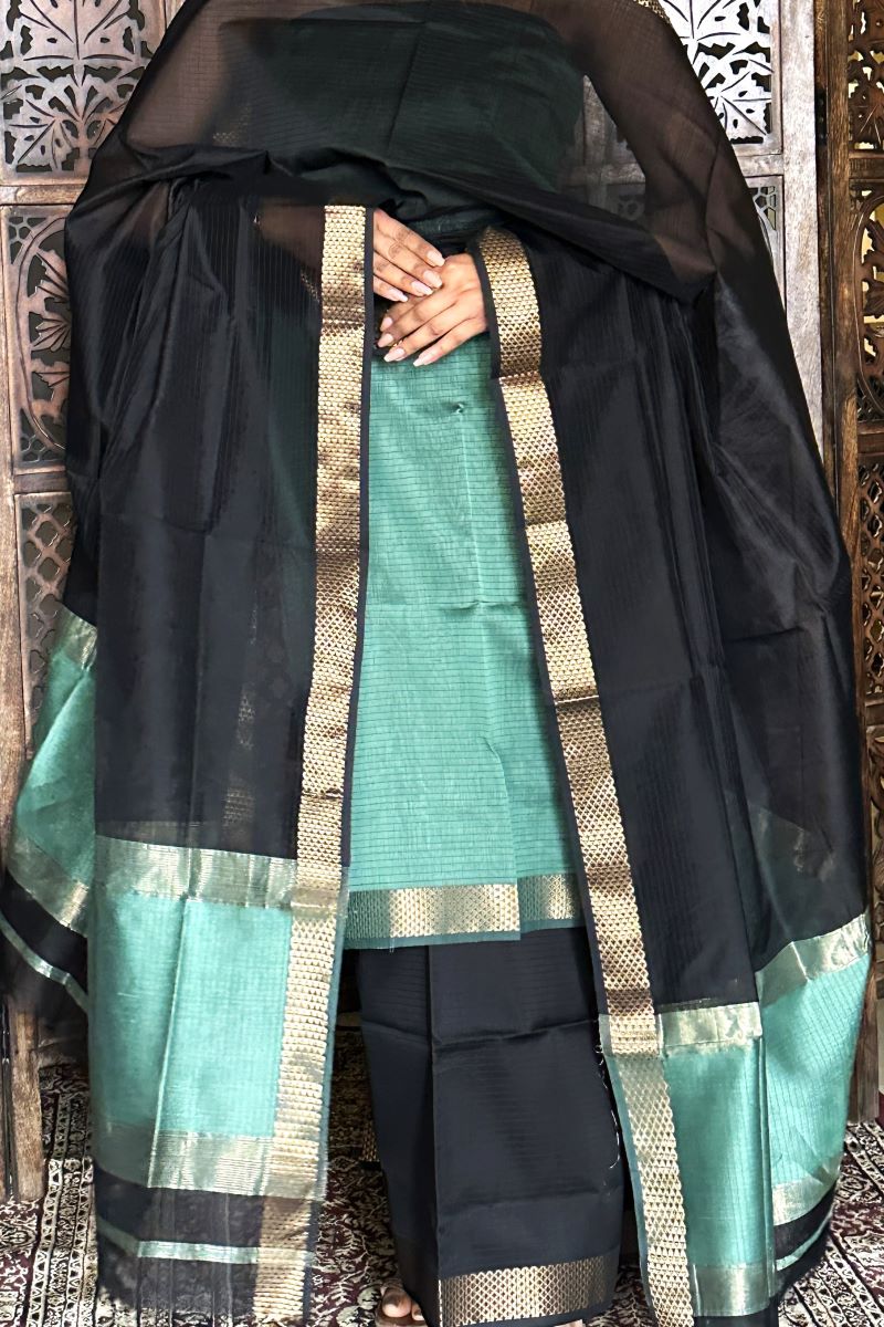 Pastel Green Black Unstitched Cotton Silk Maheshwari Suit (3 Pcs)