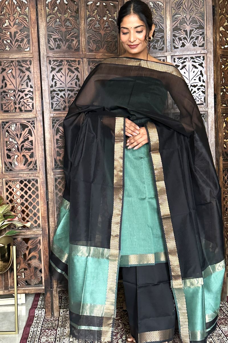 Pastel Green Black Unstitched Cotton Silk Maheshwari Suit (3 Pcs)