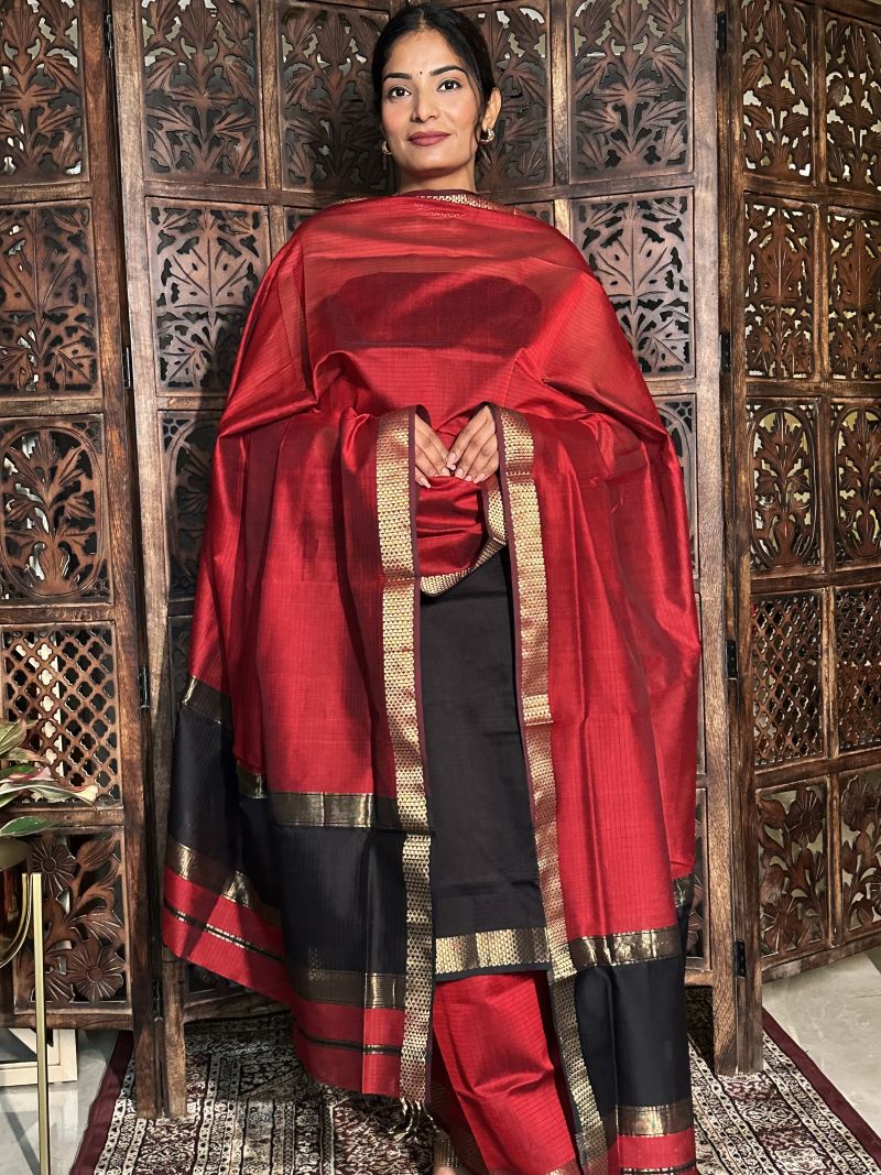 Maroon Black Unstitched Cotton Silk Maheshwari Suit (3 Pcs)