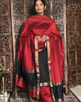 Maroon Black Unstitched Cotton Silk Maheshwari Suit (3 Pcs)