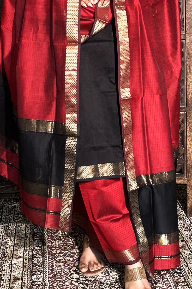 Maroon Black Unstitched Cotton Silk Maheshwari Suit (3 Pcs)