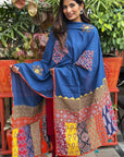 Steel Blue Applique Patch Work Cotton Ajrakh Dupatta