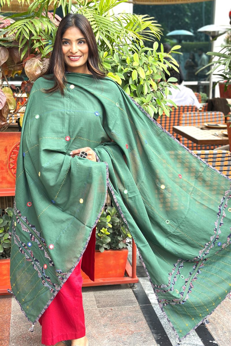 Green Kantha Applique Cotton Ajrakh Dupatta