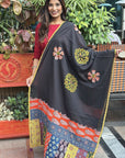 Black Applique Patch Work Cotton Ajrakh Dupatta