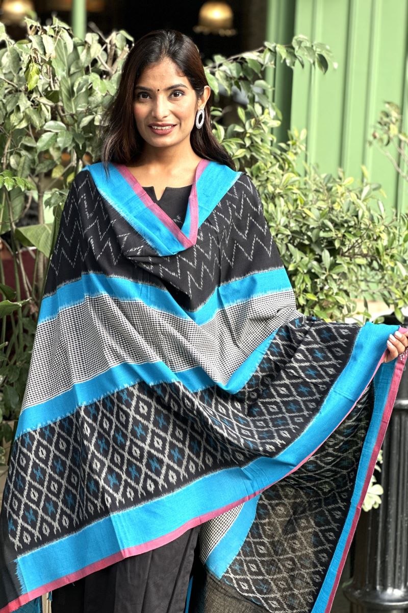 Black Handwoven Cotton Ikat Dupatta